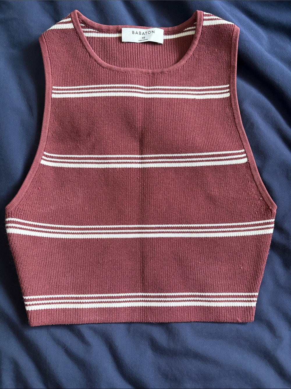 Babaton Maroon Crop Tank with Cream Stripes